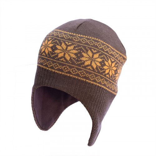 Шапка-шлем из шерсти мериноса СОФИЯ (размер 46-50, коричневый с оранжевыми снежинками)