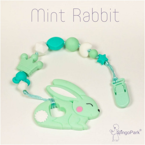 Силиконовый грызунок с держателем BABY MILK TEETH Mint Rabbit